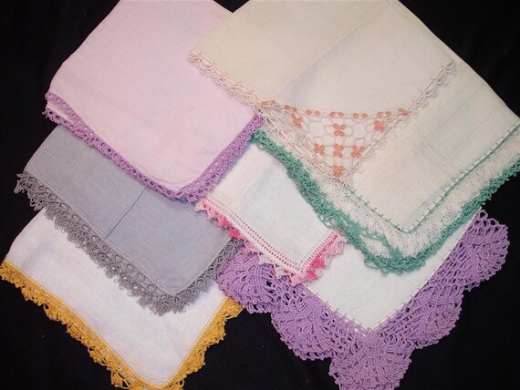 Handkerchiefs Hankies - Vintage Crocheted Edge Assortment of 7 (I) - Hanky Panky