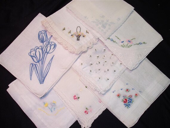 Handkerchiefs - Vintage Embroidered Hanky Grouping of 8 - (J) - Hanky Panky