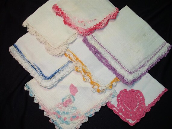 Handkerchiefs Hankies - Vintage Crocheted Edge Assortment of 7 (E) - Hanky Panky