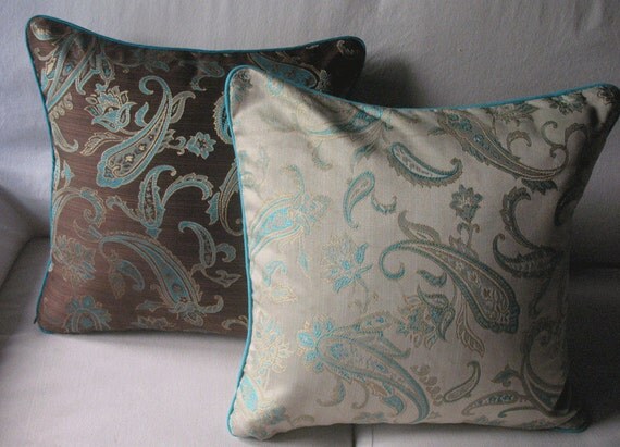 cream throw pillow cover with aqua blue paisey design 18 inch