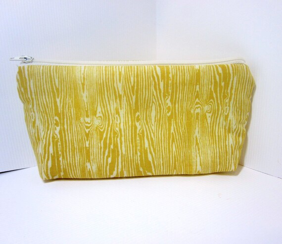 Medium Cotton Cosmetic Pouch - Mustard Wood Grain