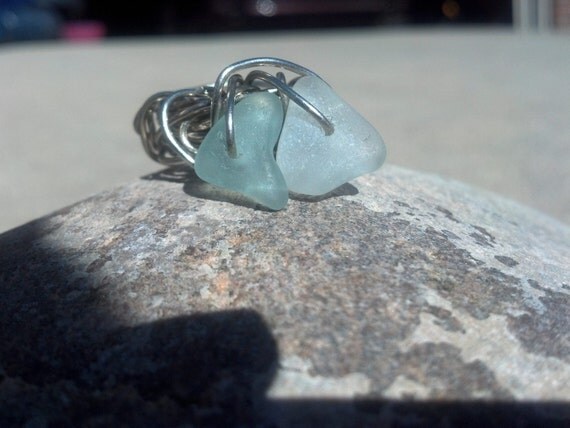 Two Hearts Beat as One.beach Glass Heart Ring US size 6 3/4 7 Alpaca Silver Rustic Modern