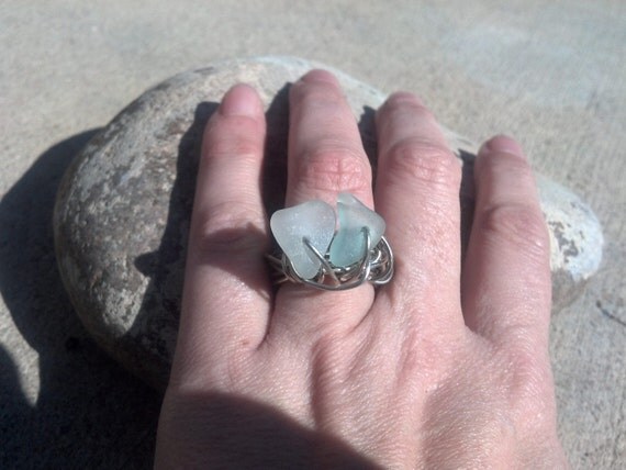 Two Hearts Beat as One.beach Glass Heart Ring US size 6 3/4 7 Alpaca Silver Rustic Modern