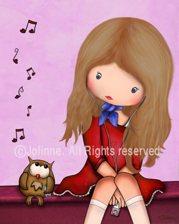 Children room decor wall art for girls owl music , nursery wall hanging , archival reproduction art print