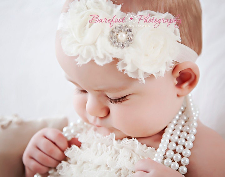 Baby Girl White Headband..Pearls..Rhinestones..White Christening Headband..Pearls..White Baprism Headband..Baby Girl White Flower Headband
