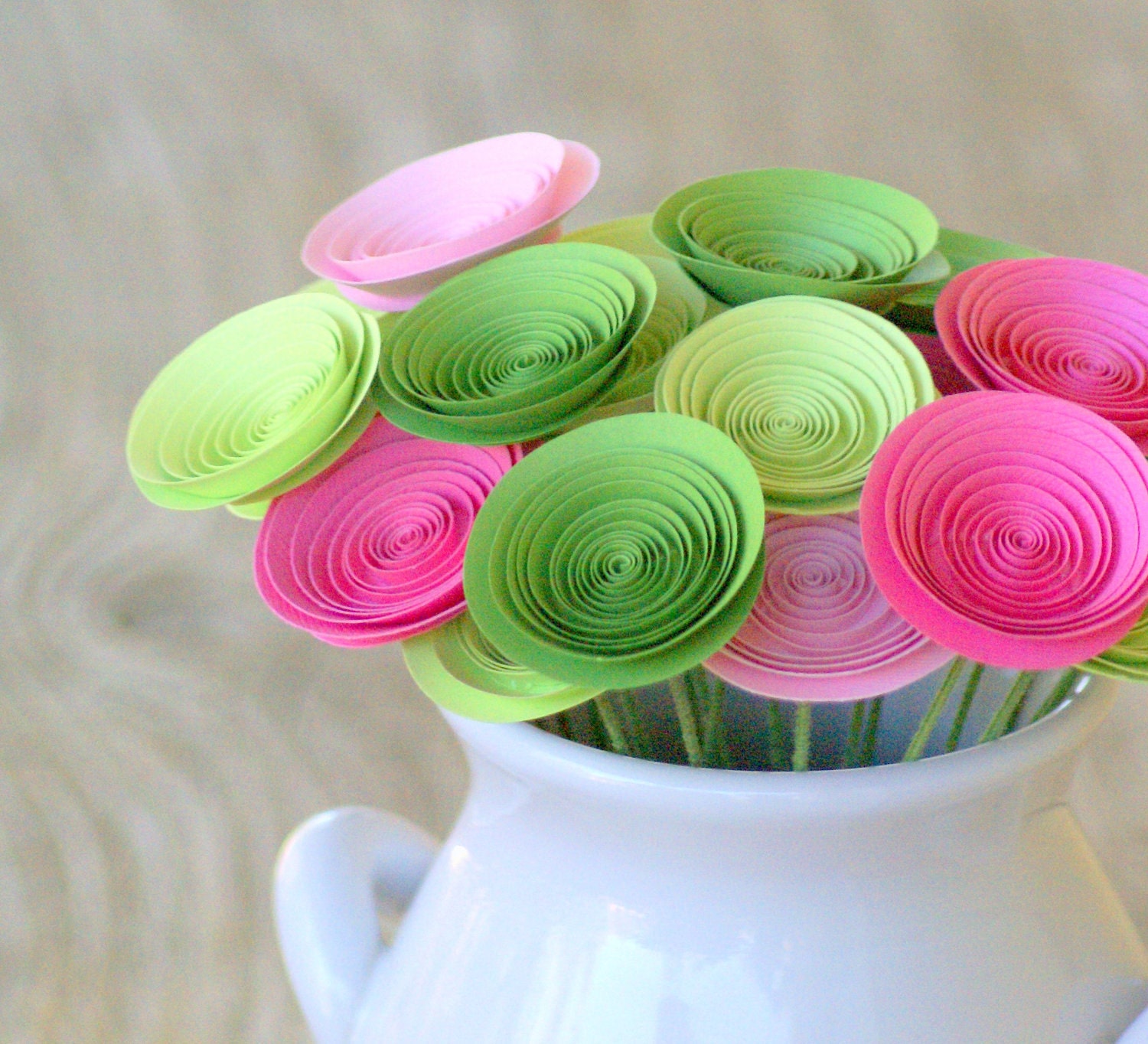 Mother's Day Flowers -- Pink and Green Paper Flower Centerpiece -- 24 Handmade Flowers -- Spring Bouquet -- Spring Centerpiece