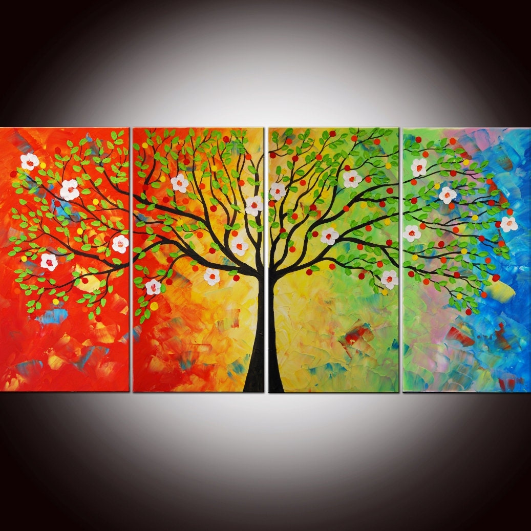 Original Modern Abstract Large Abstract  Painting 24x48 - Textured Impasto Flower Tree Painting by Helen