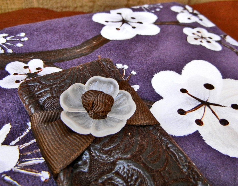 Kindle Fire Cover, Nook Cover, e-reader Cover-Aubergine Suede Padded Book Style Cover Hand Painted with Cherry Blossoms
