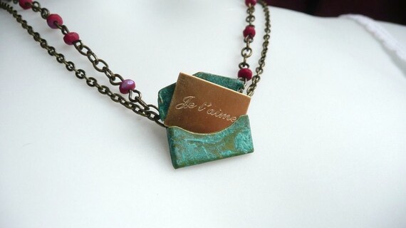 Patina Envelope Locket Layered Necklace - Je t'aime