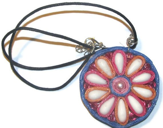 Pendant - paper & bead flower - OOAK