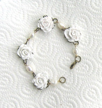 Floral Bracelet in White With Real Pearls, Ideal for Bride or Bridesmaids