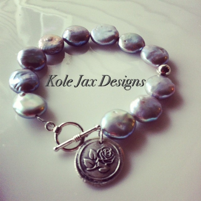 Gray freshwater coin pearls with Rose stamped Pure Silver Charm