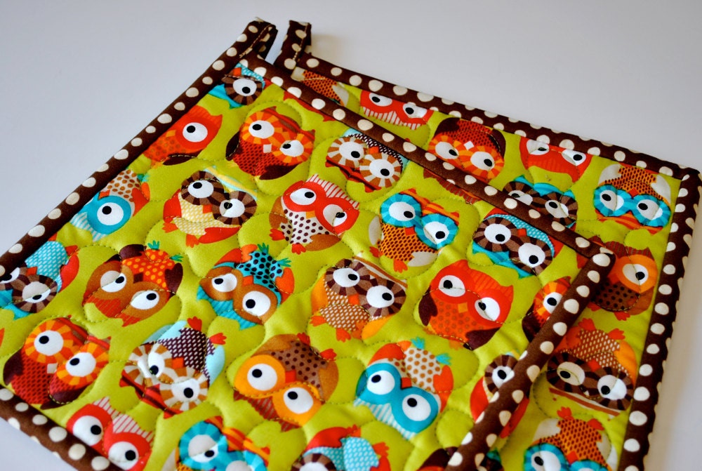 Bright Owls set of two quilted potholders