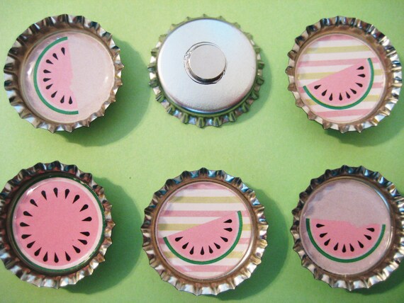 Pink watermelon bottle cap magnets, set of 6