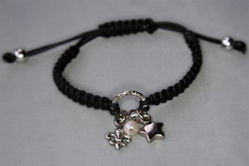 Black Macrame Bracelet with Ring and 3 Charms
