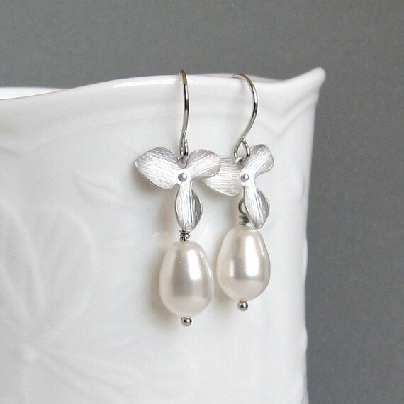 Silver orchid pearl drop bridal earrings