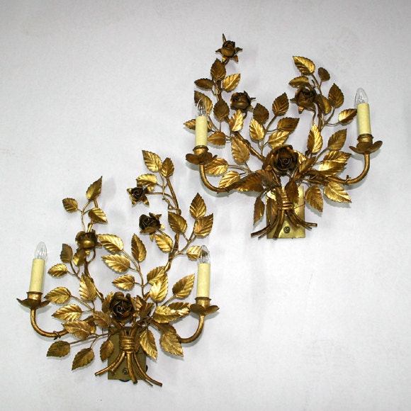 Gilt Tole Electric Wall Sconce Pair
