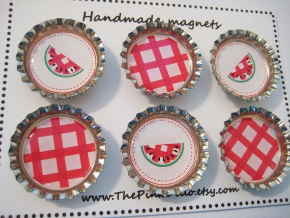 Bottle cap magnets, red gingham watermelons, set of 6