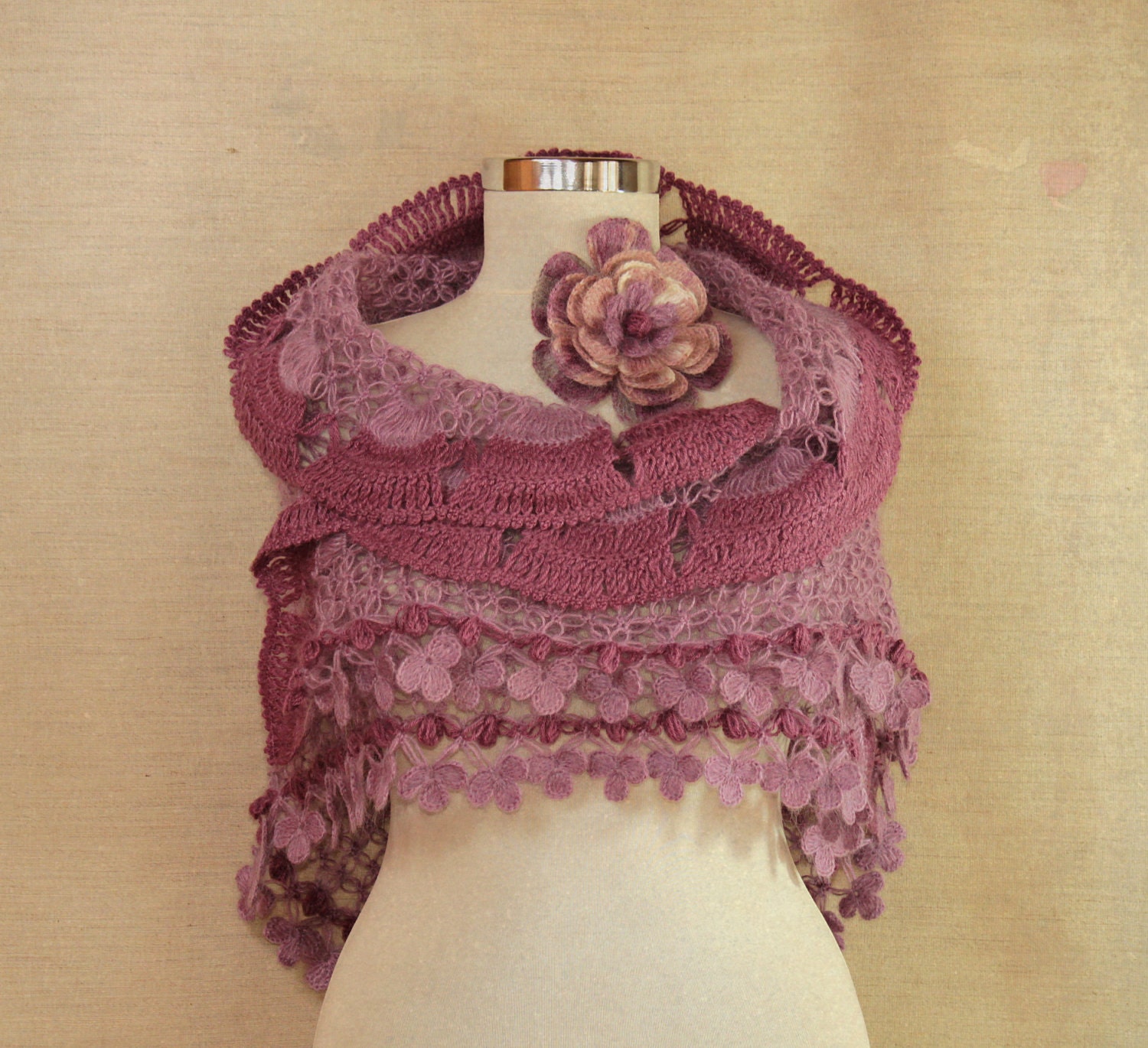 Lilac Fantasy / Crochet Lilac Cerise Shawl / Pink Wedding Bridesmaid Bride / Purple Bridal Lace / Flower Brooch / Spring Fashion