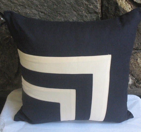 navy and cream throw pillow cover  with square graphic design linen 16 inch
