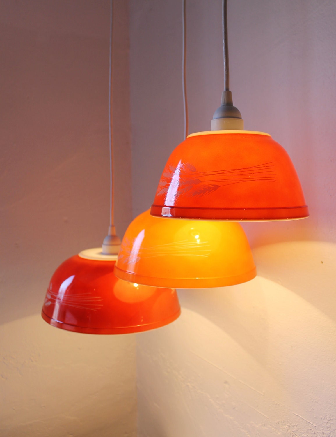 Autumn Harvest - Brick Red and Orange Milk Glass Mixing Bowl Hanging PYREX Pendants Lights - OOAK UpCycled BootsNGus Lighting Fixtures