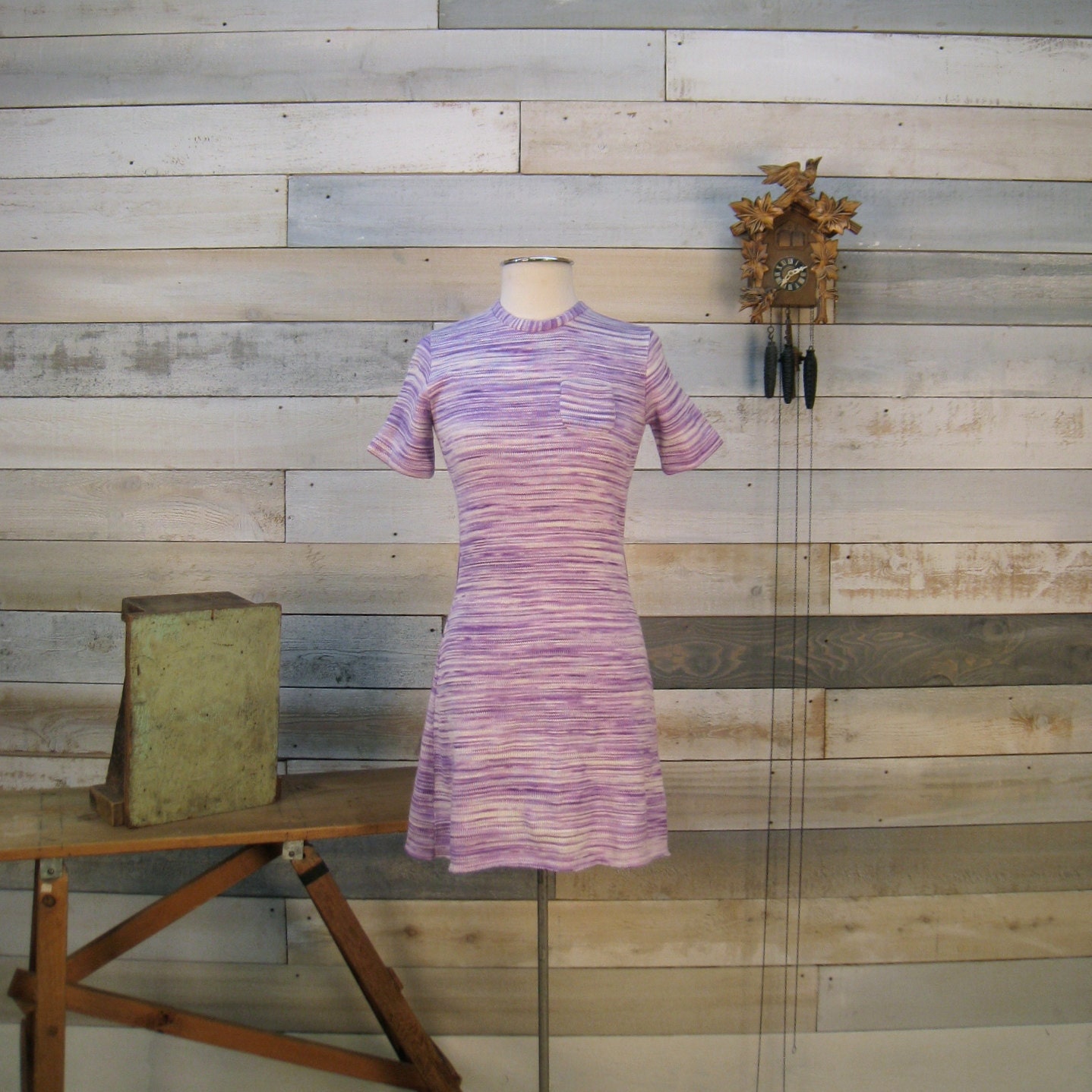 Vintage 1960s purple and white knit day dress