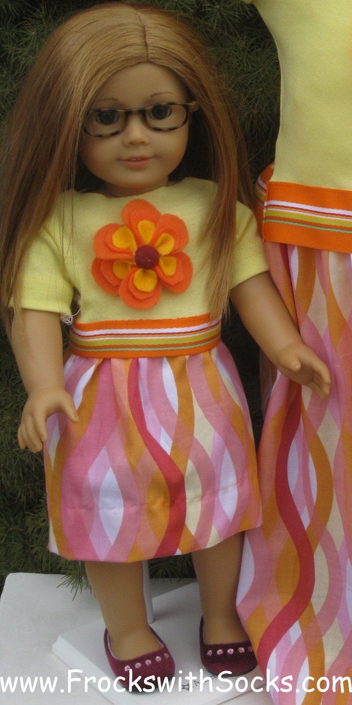 FROCKS with SOCKS 2T thru 8 Orange Seaweed Yellow Matching Girl and Doll Dresses