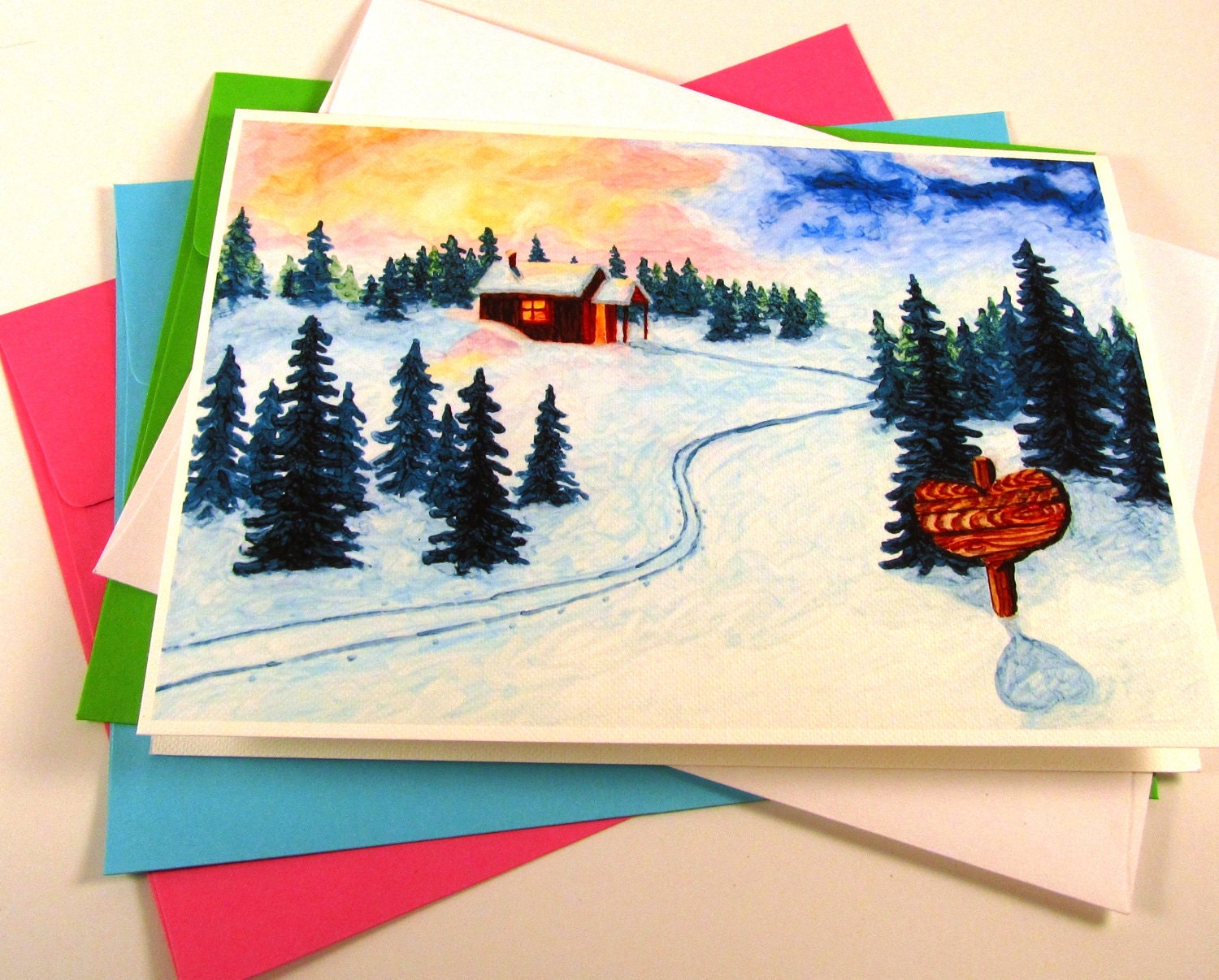 Snowy Landscape Card, 5x7 Art Print, Cross Country Ski Cabin