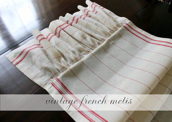 French Metis Table Runner Cotton Linen Red and Cream 22 x 82