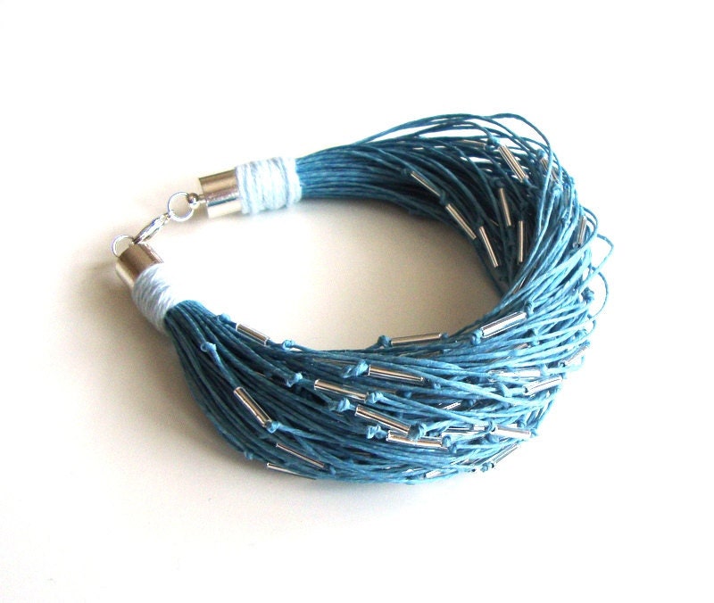 Linen multistrand bracelet, blue beaded bracelet ,robin egg, summer bracelet, eco style fashion