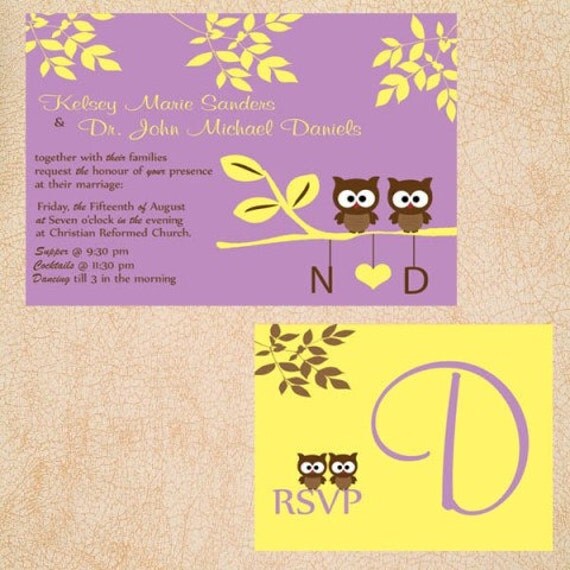 Vintage Modern Love Owls Wedding Invitations Brown and Yellow