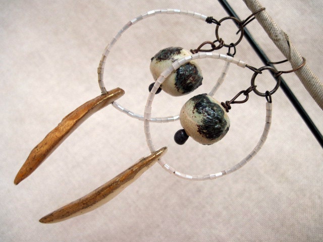 The Moon in Deeper Languidness. Ceramic Art Beads in White Tribal Assemblage Earrings.