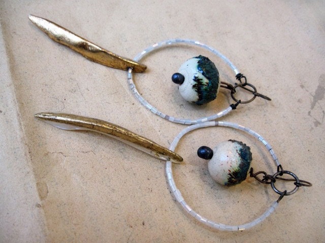 The Moon in Deeper Languidness. Ceramic Art Beads in White Tribal Assemblage Earrings.