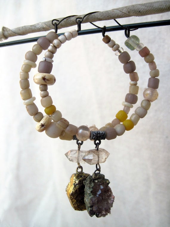 The Moon Upon Her Sphere. Druzy Amethyst Gemstone and Lilac Grey Tribal Bead Hoops.