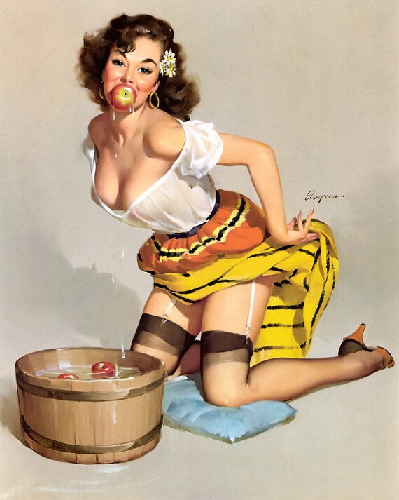 Free US shipping Handprinted Cotton Art Reprodn Applique Vintage Sexy Pin-up Girl Gil Elvgren "The winner a fair catch" , 1957