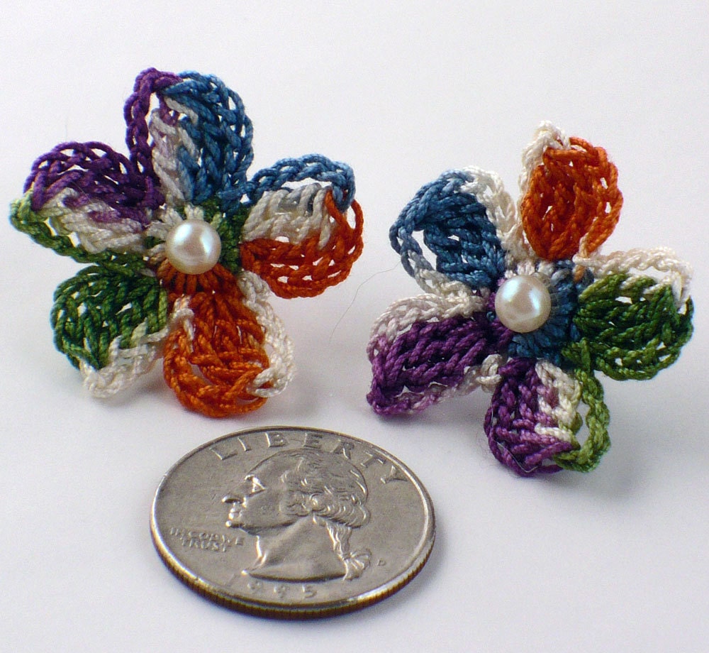 Crochet Earrings Flower Stud Earrings Hypoallergenic Dark Orange Indigo Purple Ecru Green