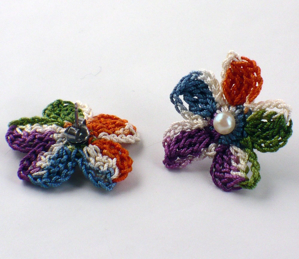 Crochet Earrings Flower Stud Earrings Hypoallergenic Dark Orange Indigo Purple Ecru Green