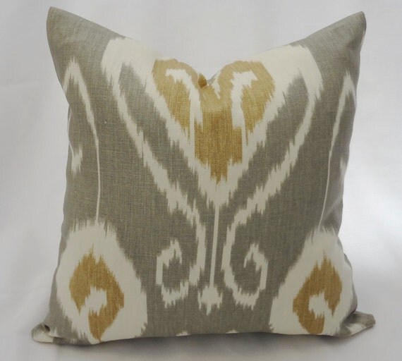 One Bansuri by Kravet Grey Tan Gold Cream Ikat Pillow Cover 18x18