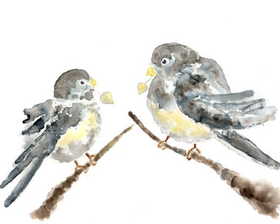 gift for new mom, watercolor birds, gray & yellow, nursery art  8x10 art print - Heart to Heart, Sweet Puffs