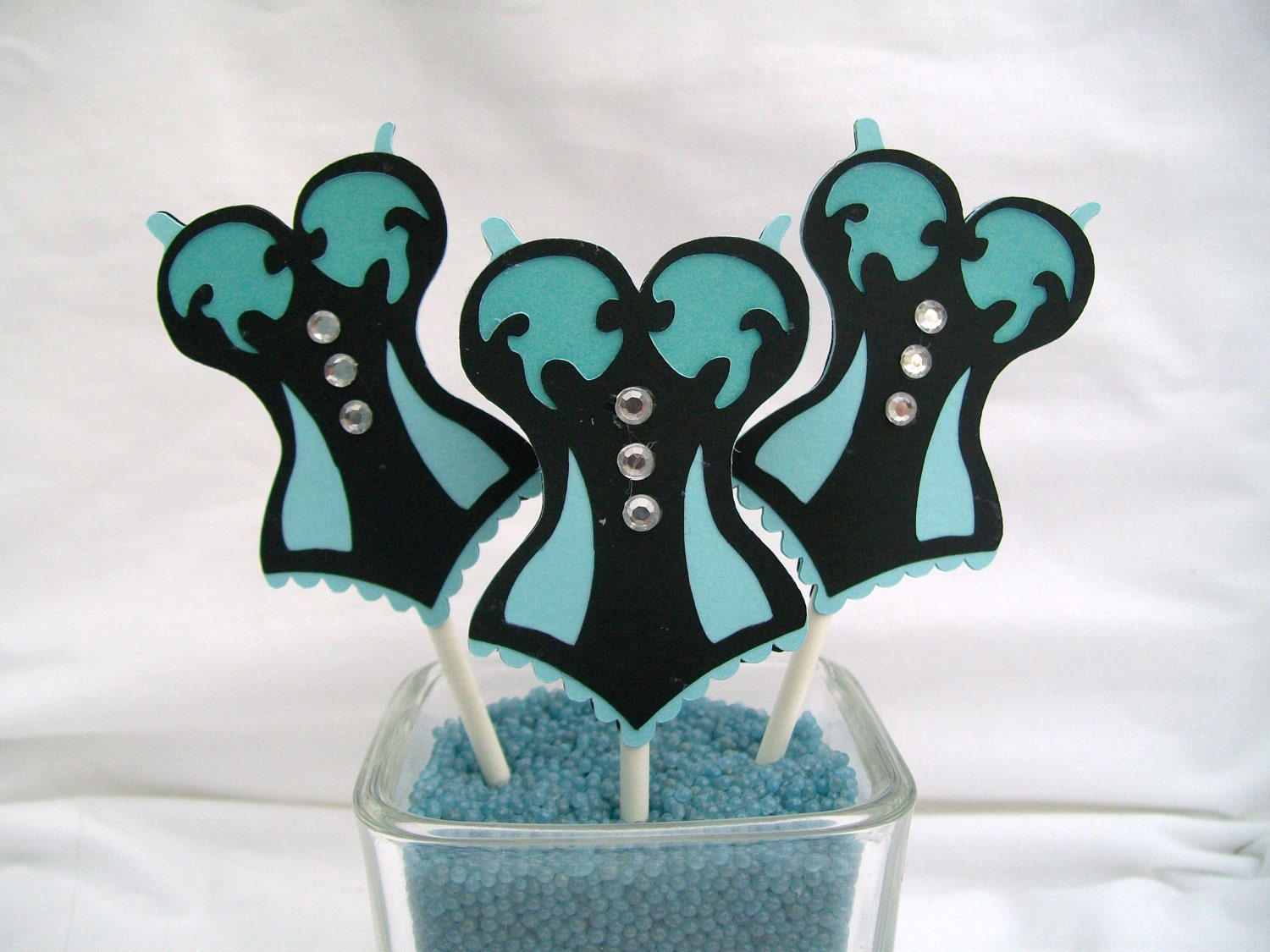12 corset cupcake toppers in light blue teal and black