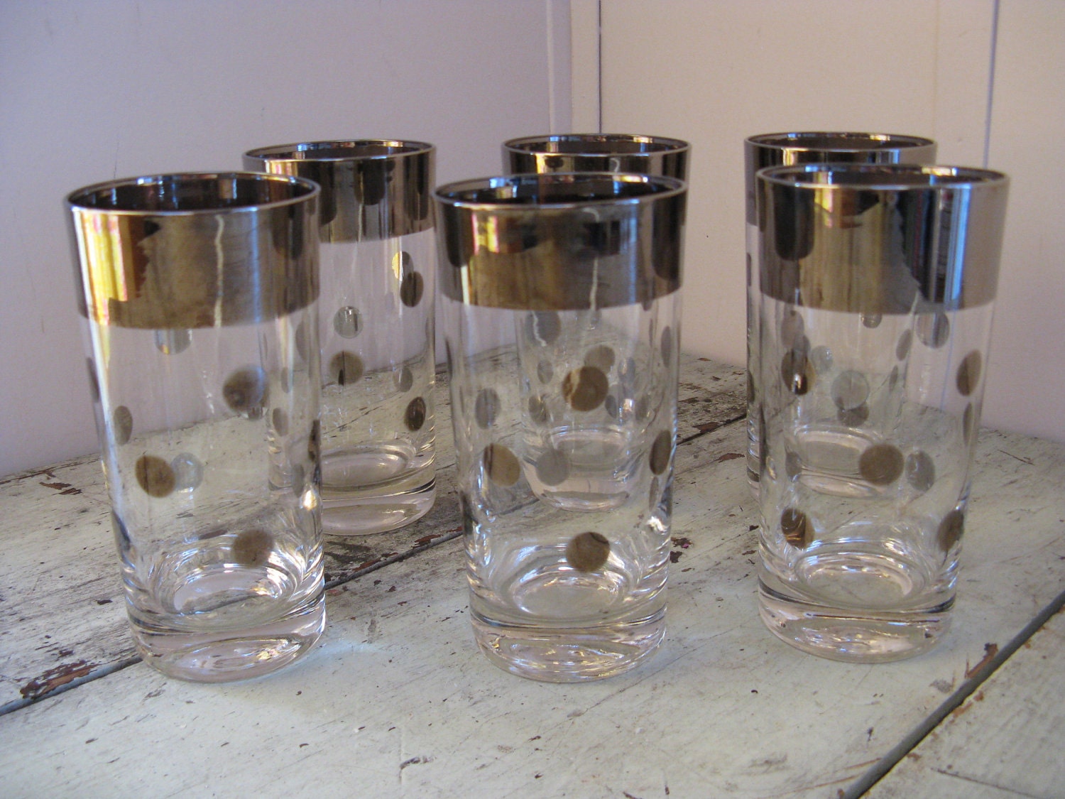 6 silverleaf tumblers high ball glasses polka dots mid century mad men pan am style style