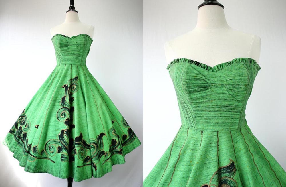 Vintage 50s Dress Party Sundress " Original Tel-Art " Mexican Handpainted Green Black Gold Painted Cotton Strapless Full Skirt 1950s Dresses