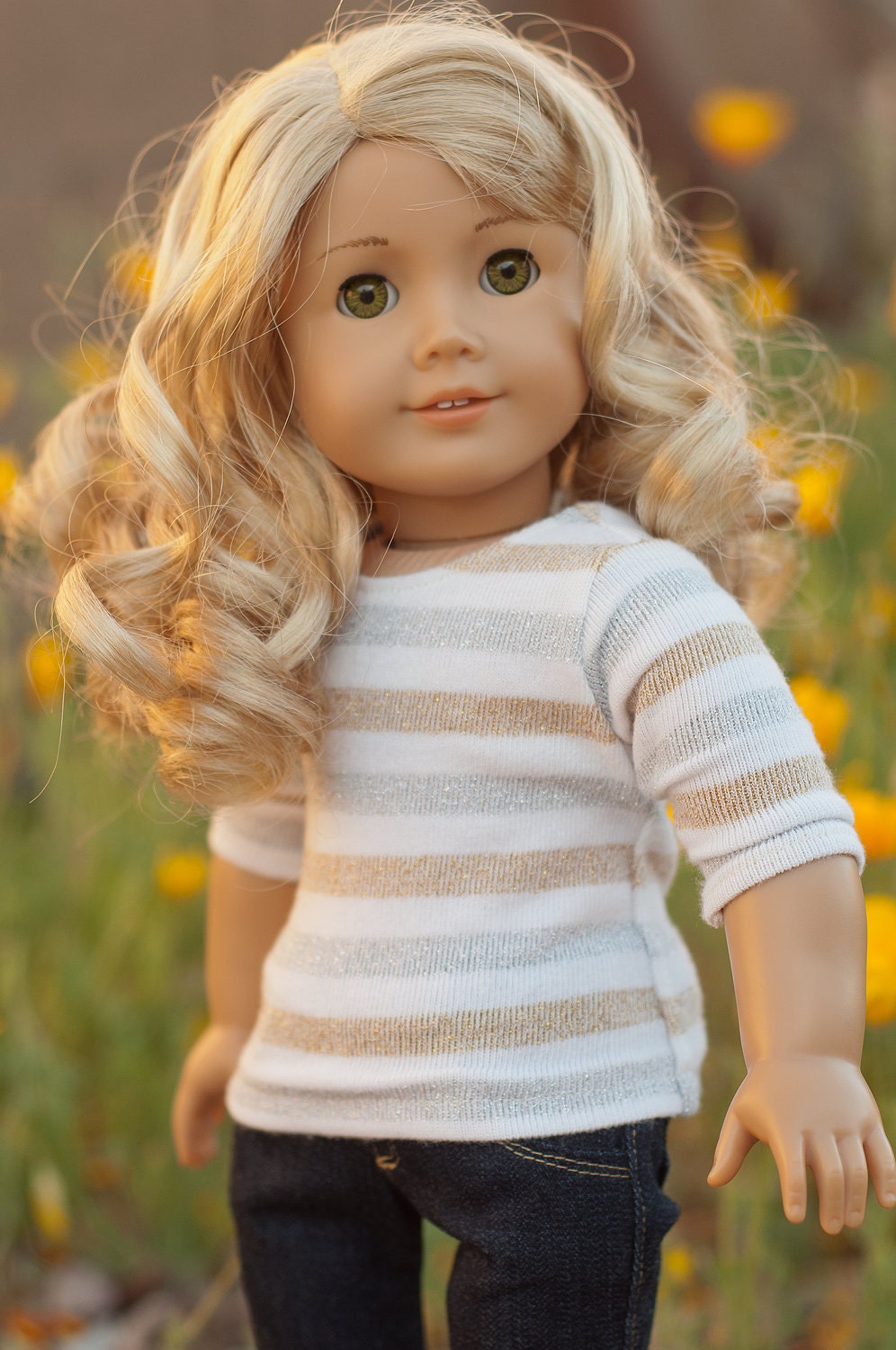 Doll Clothes: 3/4 Sleeve Cream Sweater with Gold and Silver Stripes for an American Girl Doll or other 18 Inch Dolls