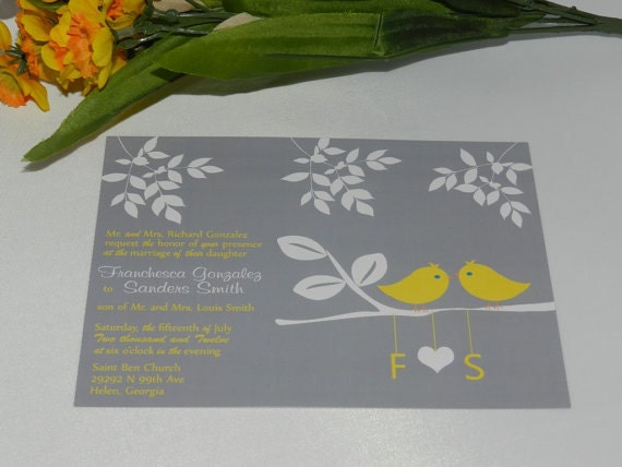 Vintage Modern Love Birds Wedding Invitations Grey and Yellow