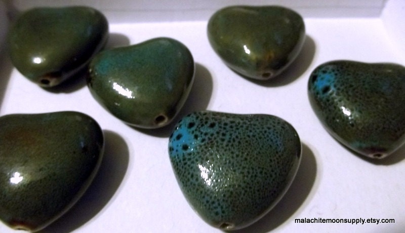 36x31mm Honey and Dark Aqua Porcelain Puffed Heart (1) No. 212