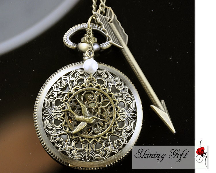 The Hunger Games Inspired Arrow,Mockingjay,and Peeta Pearl Victorian pattern golden dial Pocket Watch locket Necklace