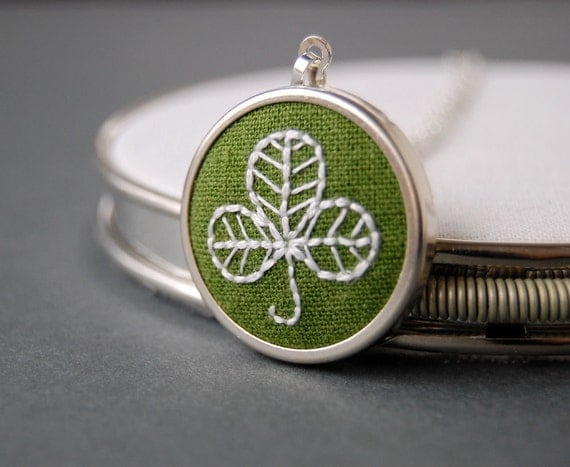 Shamrock Necklace Embroidered Shamrock on Moss Green Linen perfect for St. Patrick's Day
