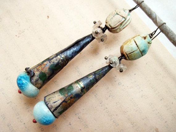 Ra. Scarabs, Recycled Tin, Ceramic, Aquamarine Gemstone Rondelles. Rustic gypsy assemblage.