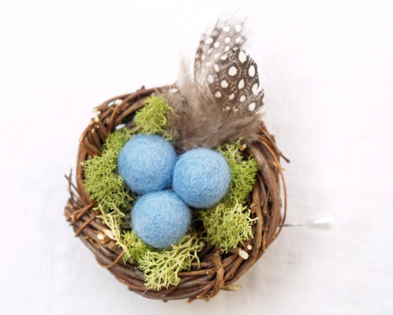 Rustic Wedding Boutonniere Nest Robin Egg Blue Eggs and Guinea Fowl Feather 