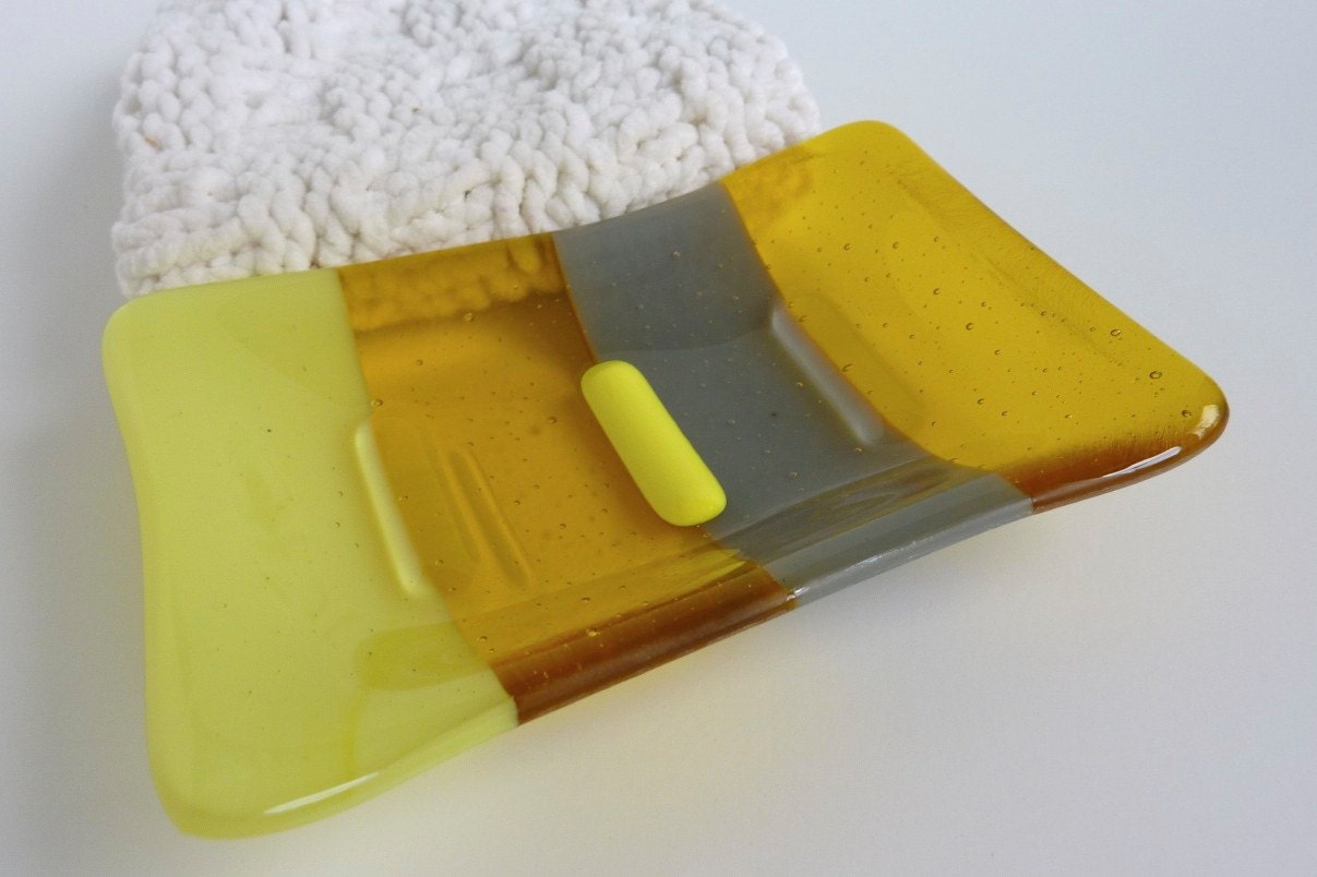 Glass Soap Dish Yellow and Gray